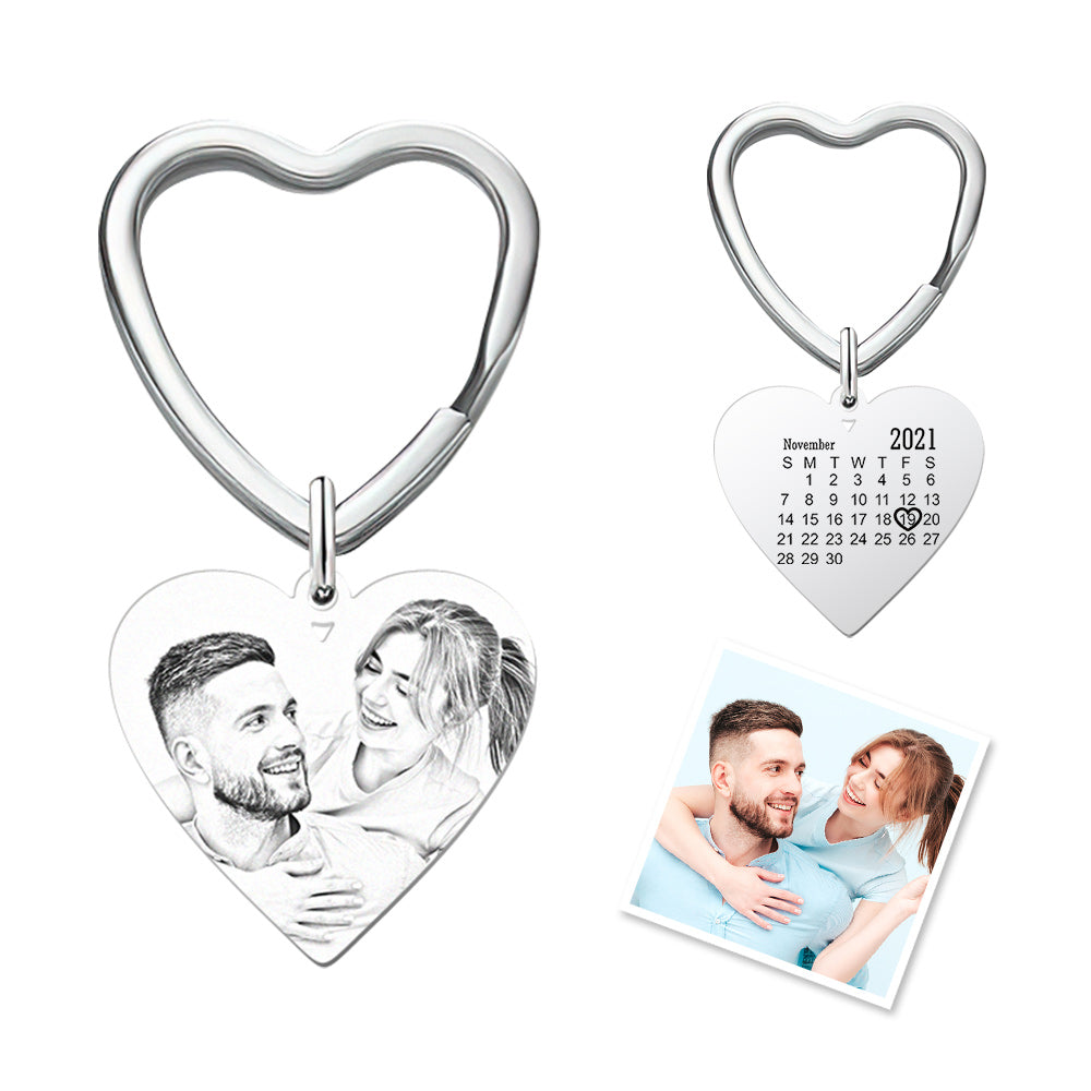 Custom Calendar Photo Keychain Heart Engraved Keyring Anniversary Memorial Gift Wedding Gift