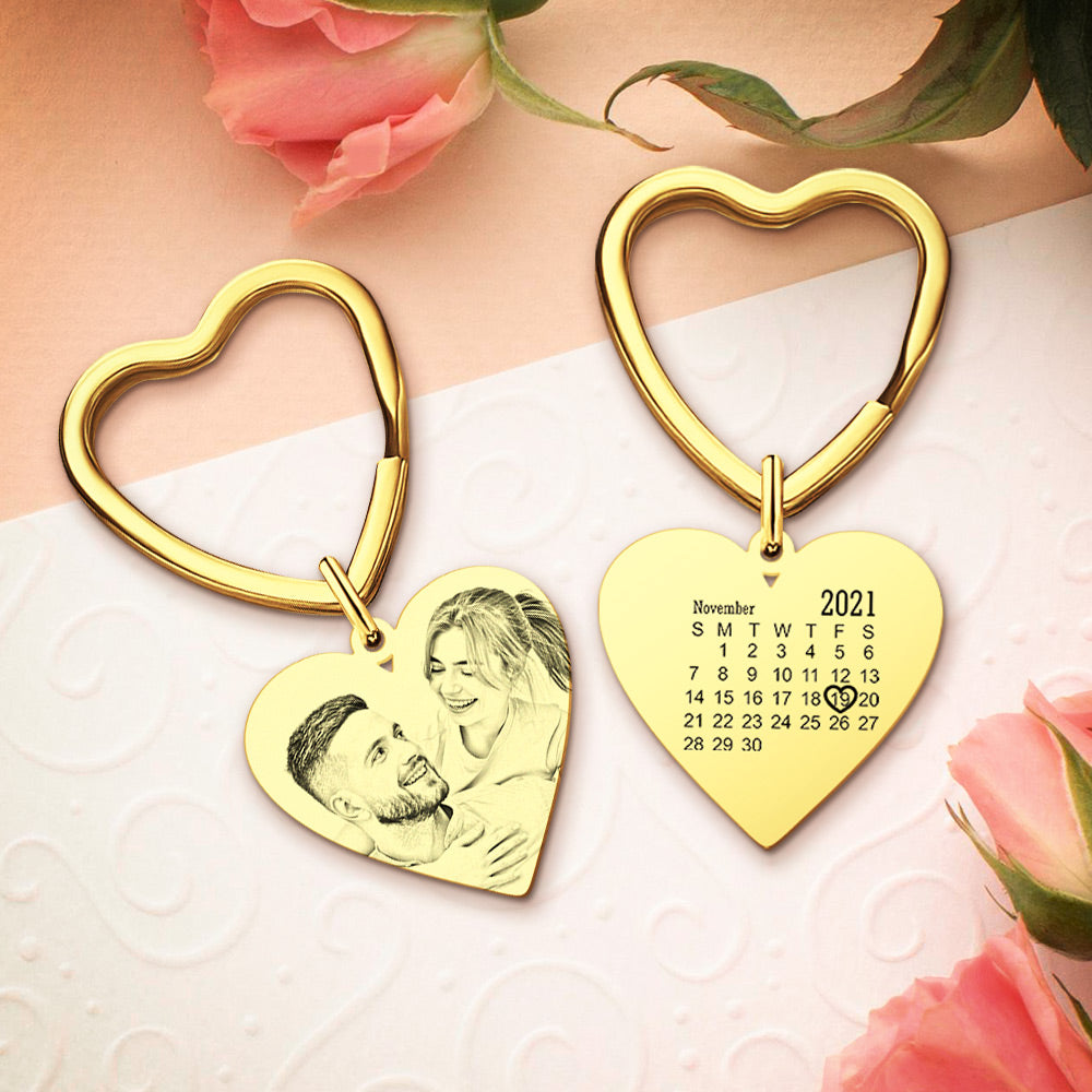 Custom Calendar Photo Keychain Heart Engraved Keyring Anniversary Memorial Gift Wedding Gift