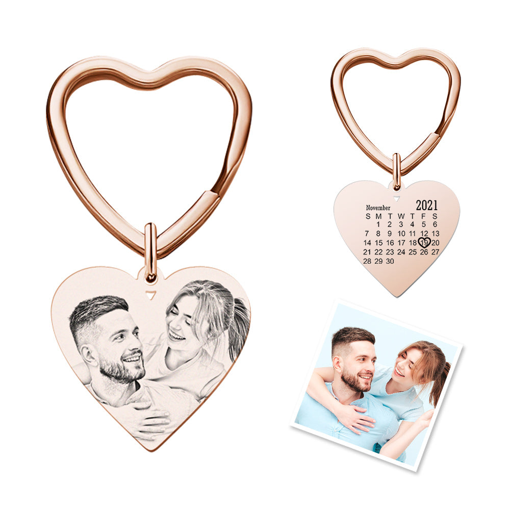 Custom Calendar Photo Keychain Heart Engraved Keyring Anniversary Memorial Gift Wedding Gift