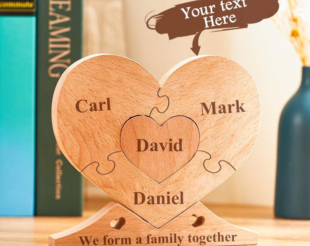 Custom Engraved Wooden Name Heart Puzzle Decor Family Name Heart Puzzle Home Decoration